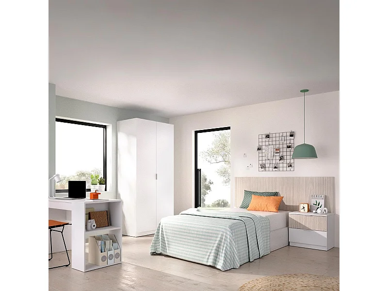 Conjunto de dormitorio Lion Pack 1 cabecero + mesita + escritorio + armario natural/blanco