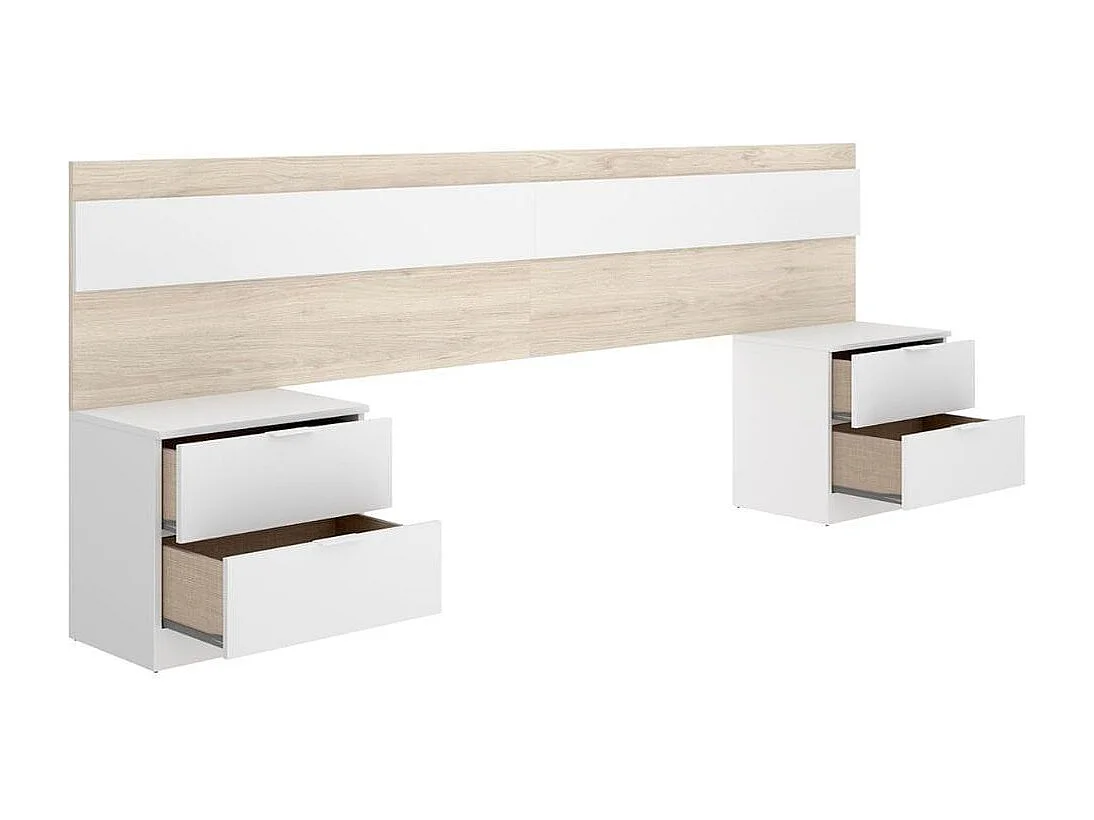 Tête de lit large AUCUNE 248 x 34,2 x 96 cm avec 2 tables de chevet 2 tiroirs Chêne Naturel/Blanc