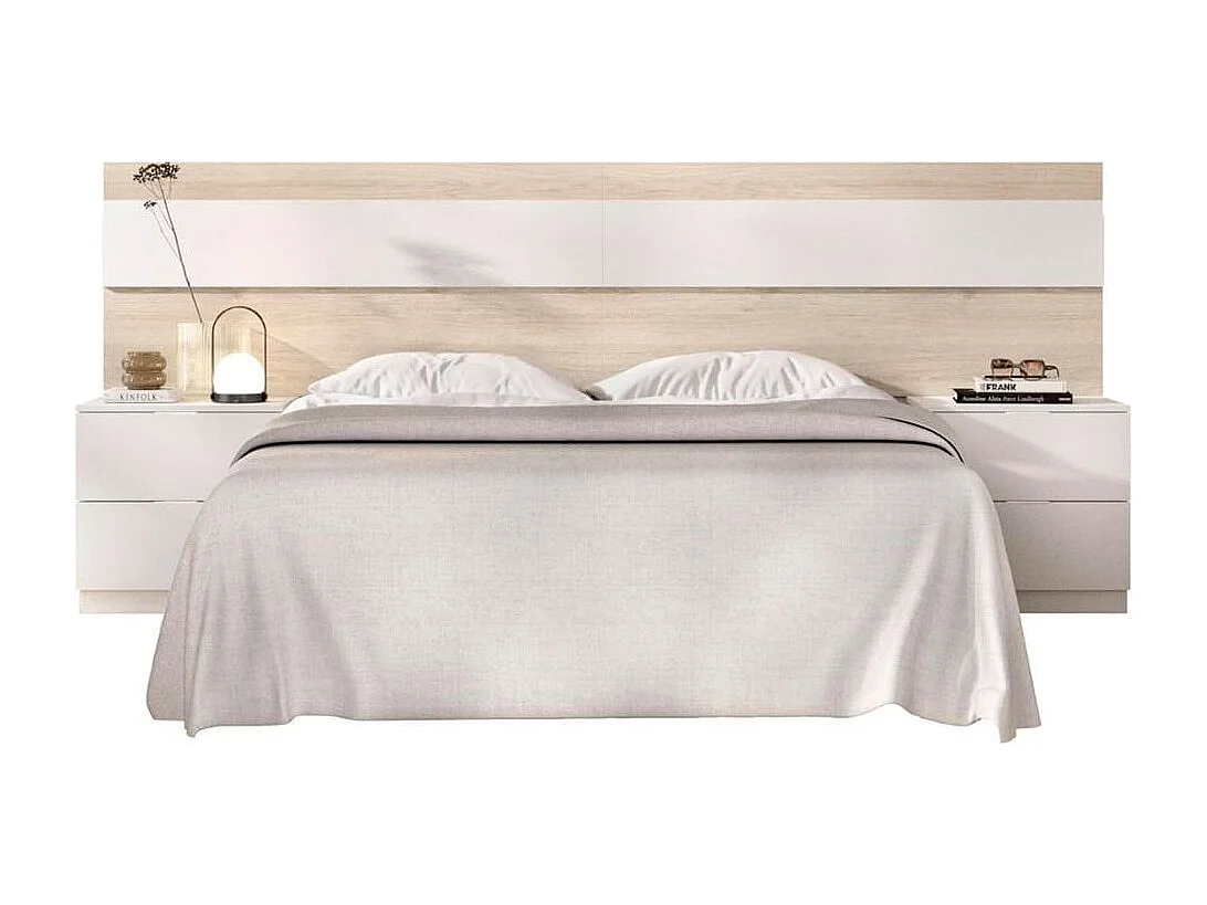 Tête de lit large AUCUNE 248 x 34,2 x 96 cm avec 2 tables de chevet 2 tiroirs Chêne Naturel/Blanc