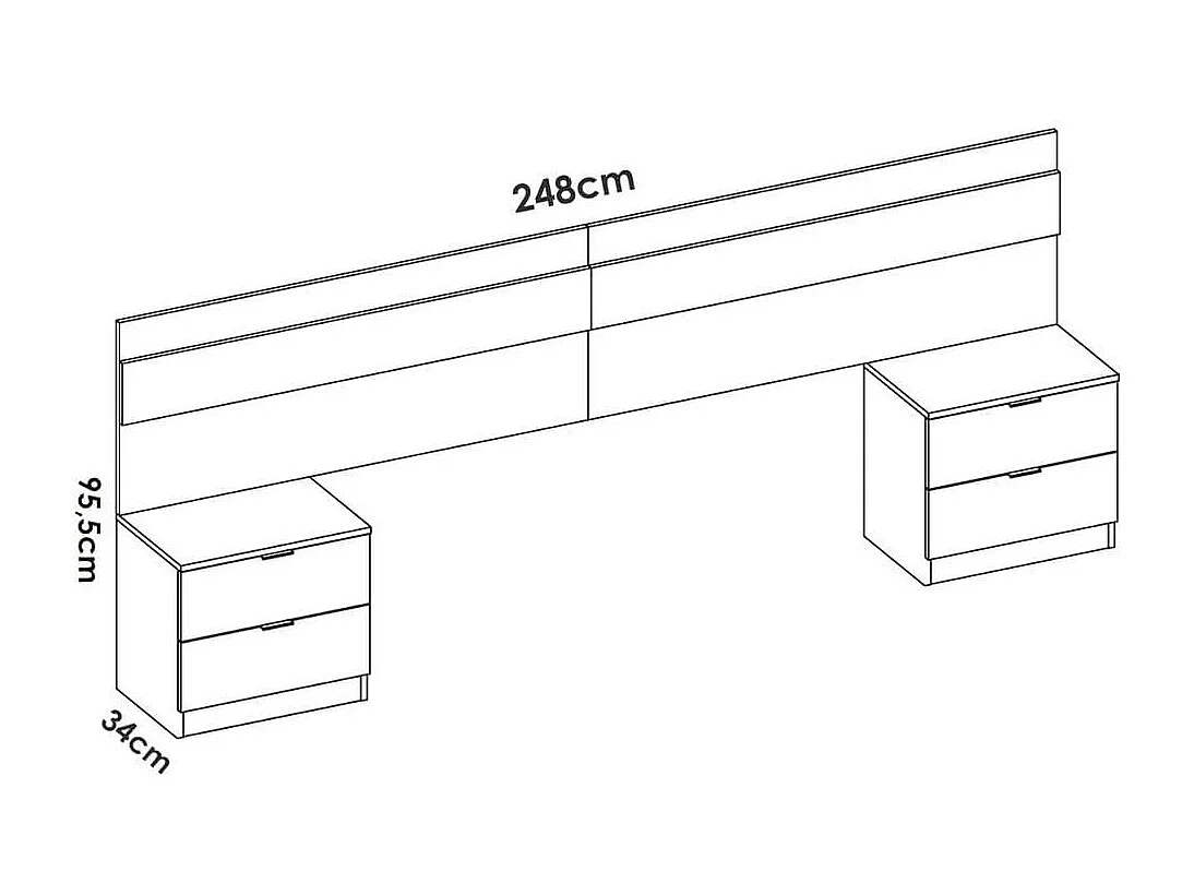 Tête de lit large AUCUNE 248 x 34,2 x 96 cm avec 2 tables de chevet 2 tiroirs Chêne Naturel/Blanc
