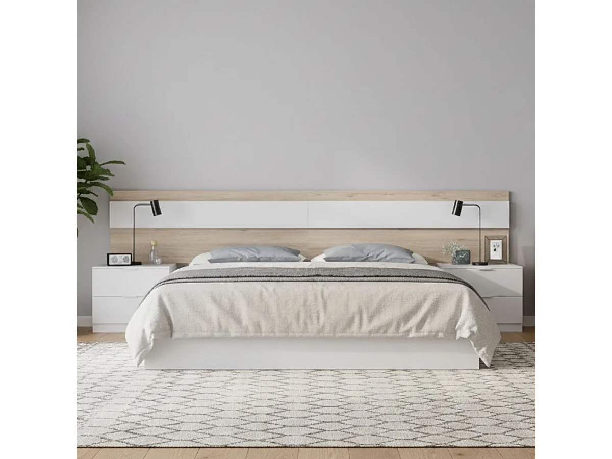 Tête de lit large AUCUNE 248 x 34,2 x 96 cm avec 2 tables de chevet 2 tiroirs Chêne Naturel/Blanc
