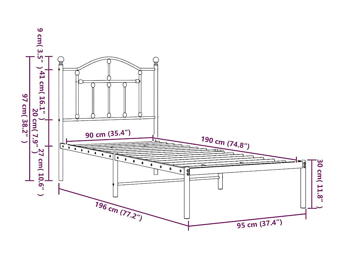 Bedframe met hoofdbord metaal zwart 90x190 cm