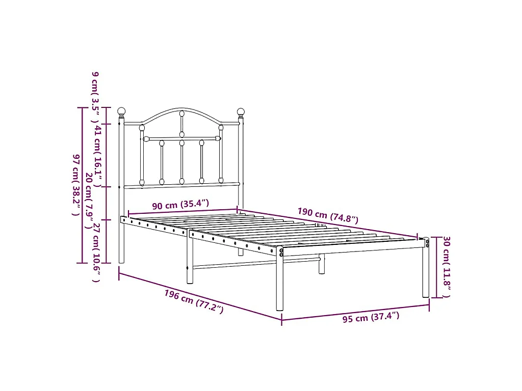 Estructura cama sin colchón con cabecero metal negro 90x190 cm