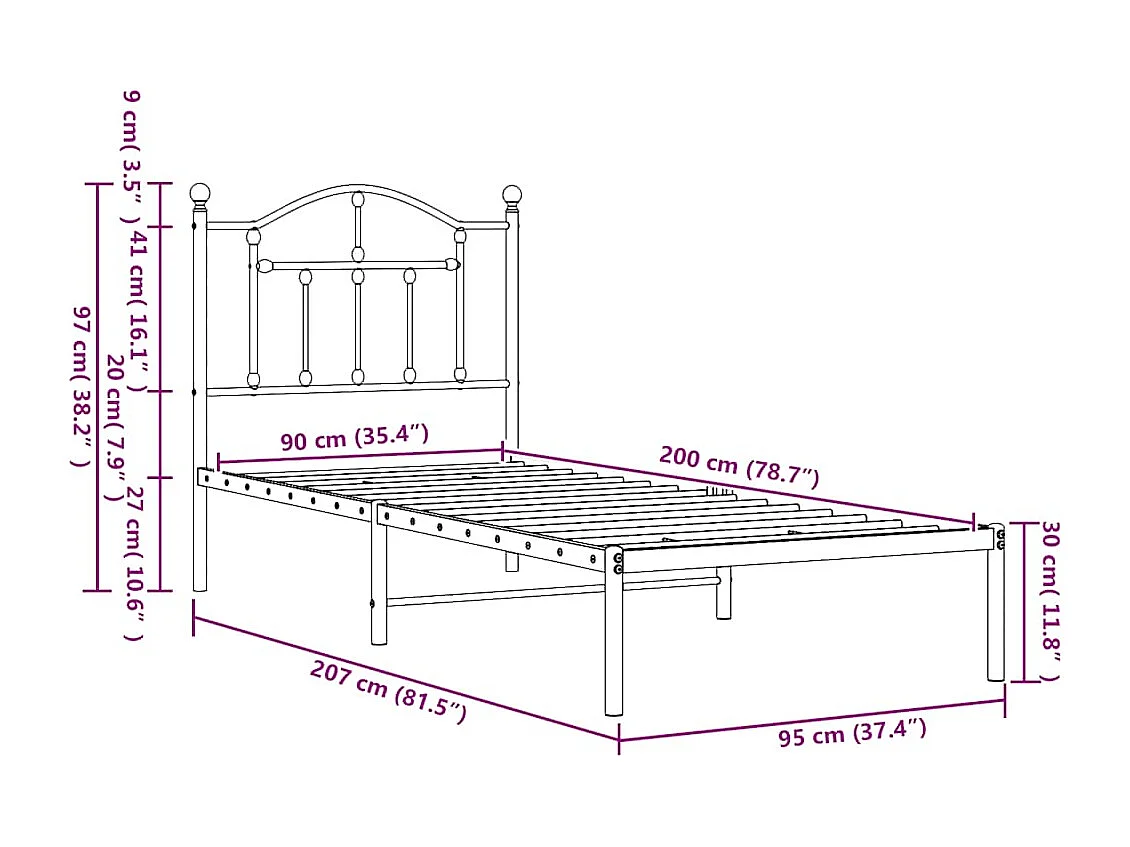 Bedframe met hoofdbord metaal zwart 90x200 cm