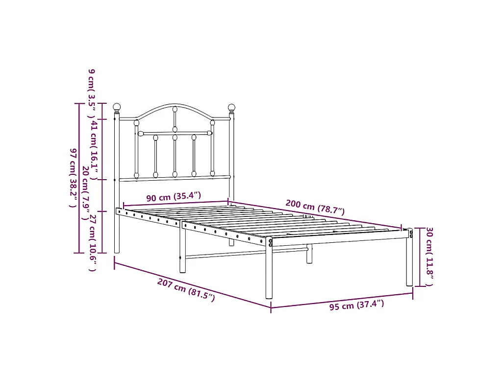 Bedframe met hoofdbord metaal zwart 90x200 cm