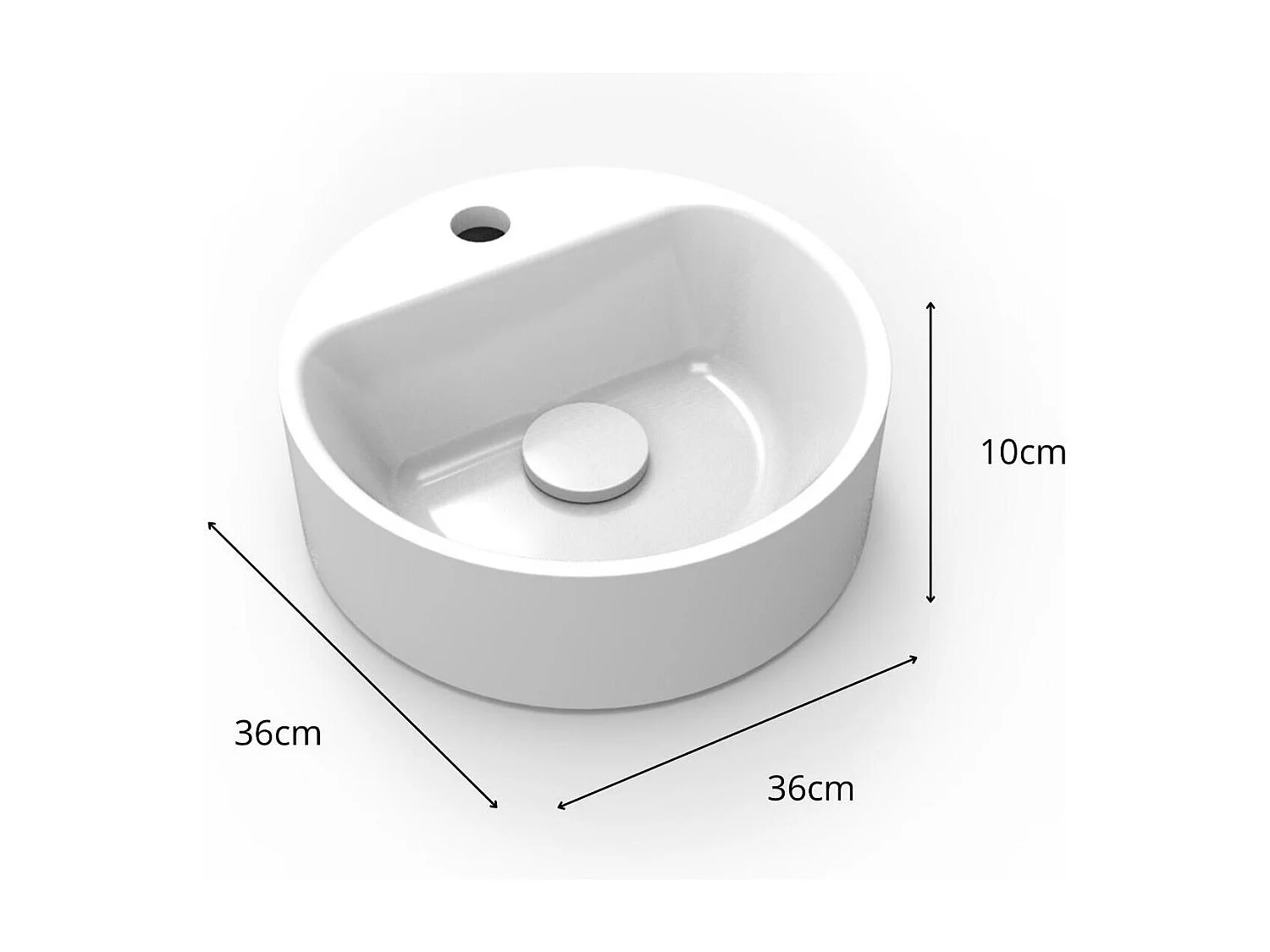 Lavabo redondo de resina blanca, 36cm, para uso mural o sobre encimera