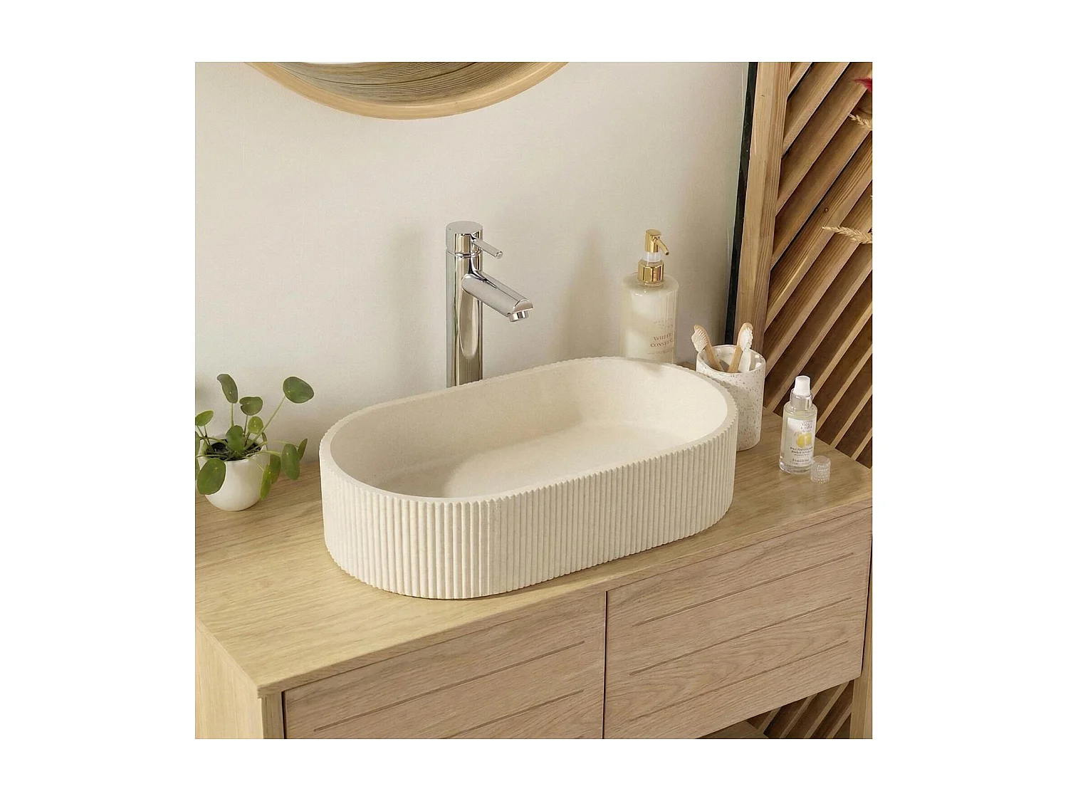 Ovale opzetwastafel in beige gecanneleerd beton 37x50cm BALTE