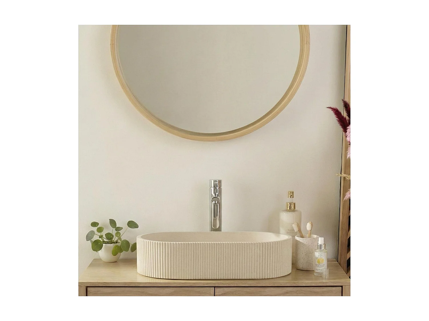 Ovale opzetwastafel in beige gecanneleerd beton 37x50cm BALTE