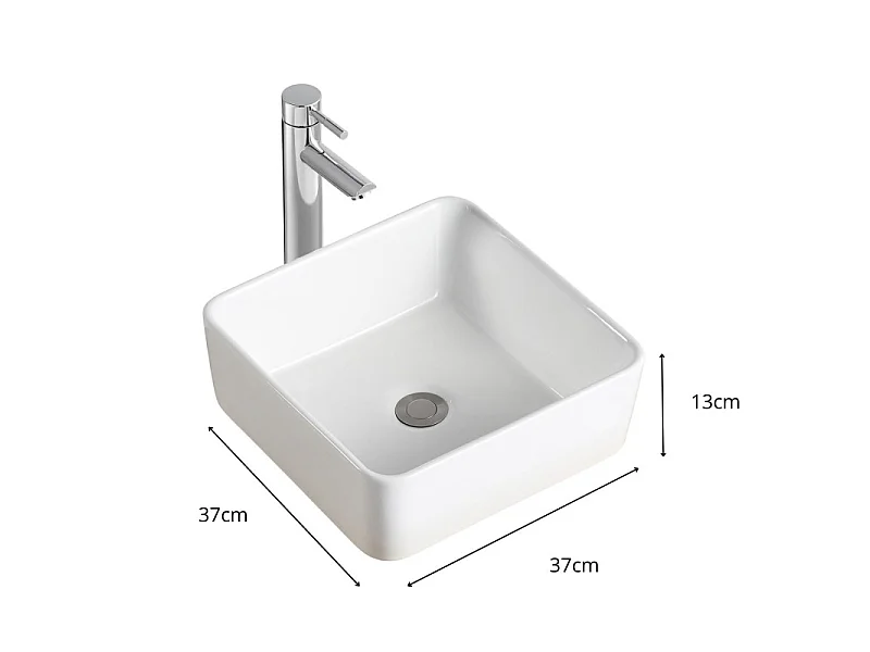 Umywalka nablatowa kwadratowa z białej ceramiki, 37 cm
