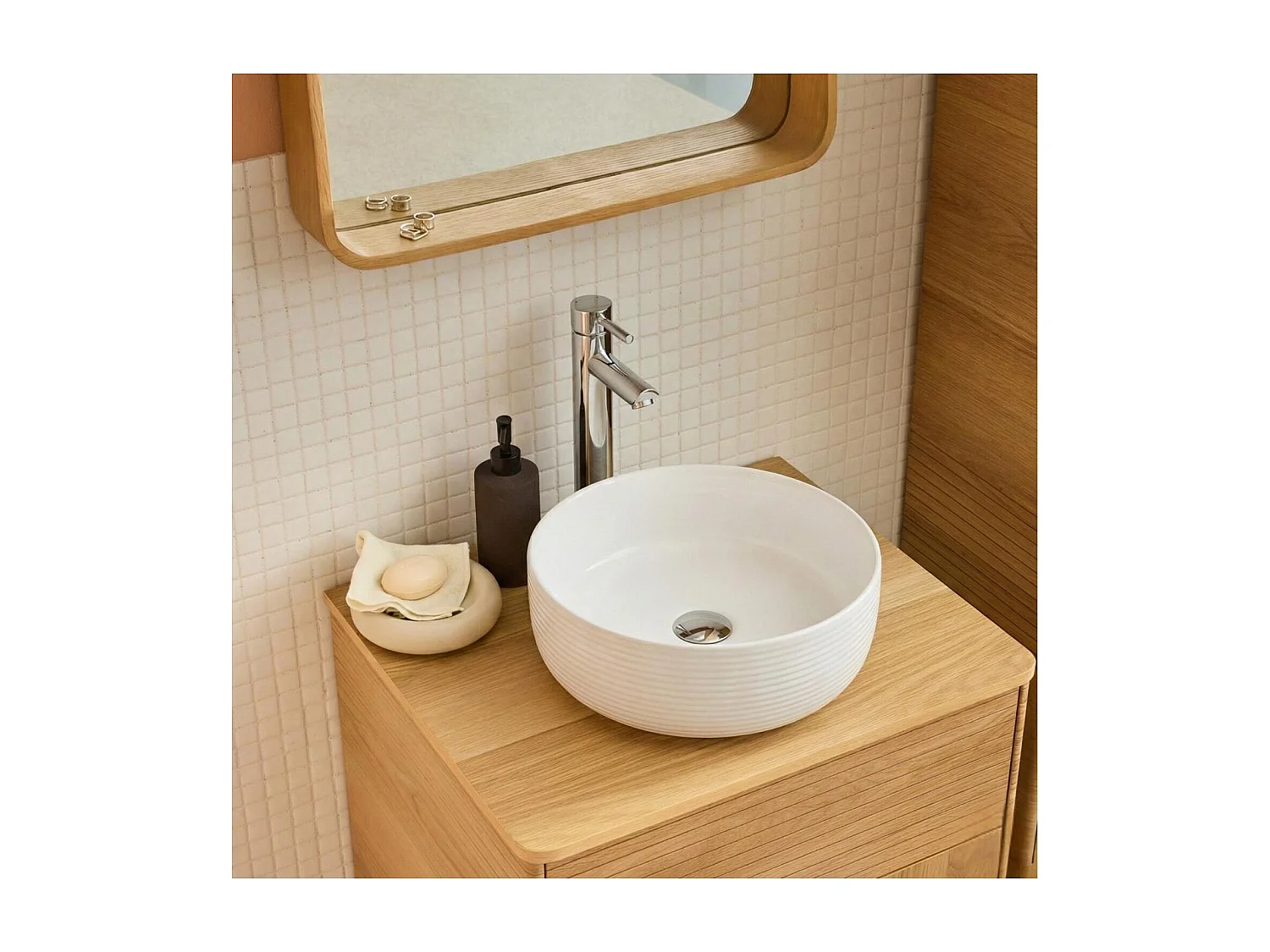 Lavabo da appoggio rotondo in ceramica bianca testurizzata, 36 cm