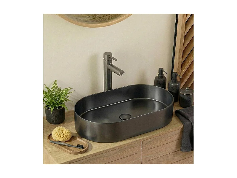Vasque à poser ovale gunmetal en inox 55x35 cm avec sa bonde assortie