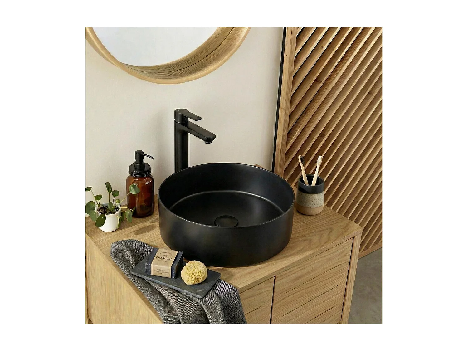 Lavabo da appoggio rotondo in acciaio inox nero, 36 cm, con piletta di scarico abbinata