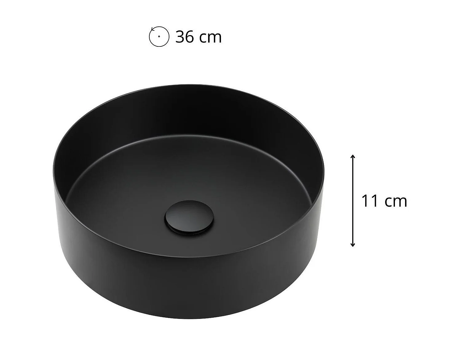 Lavabo da appoggio rotondo in acciaio inox nero, 36 cm, con piletta di scarico abbinata