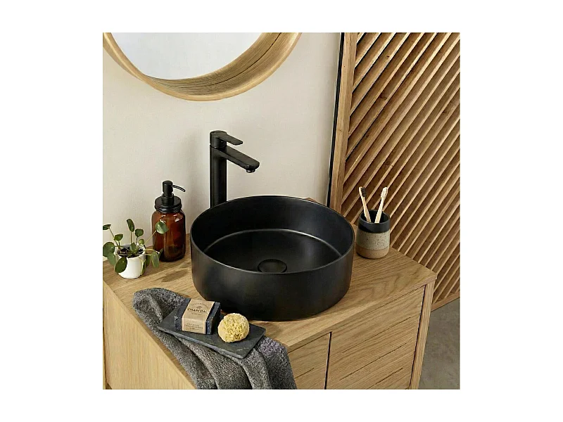 Lavabo da appoggio rotondo in acciaio inox nero, 36 cm, con piletta di scarico abbinata