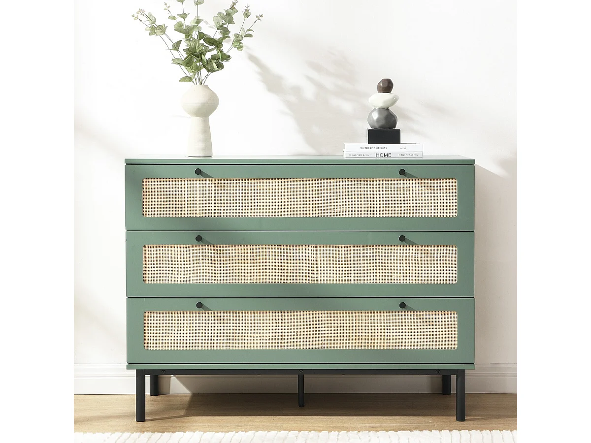 Commode 3 tiroirs vert et cannage 105 cm - Luma