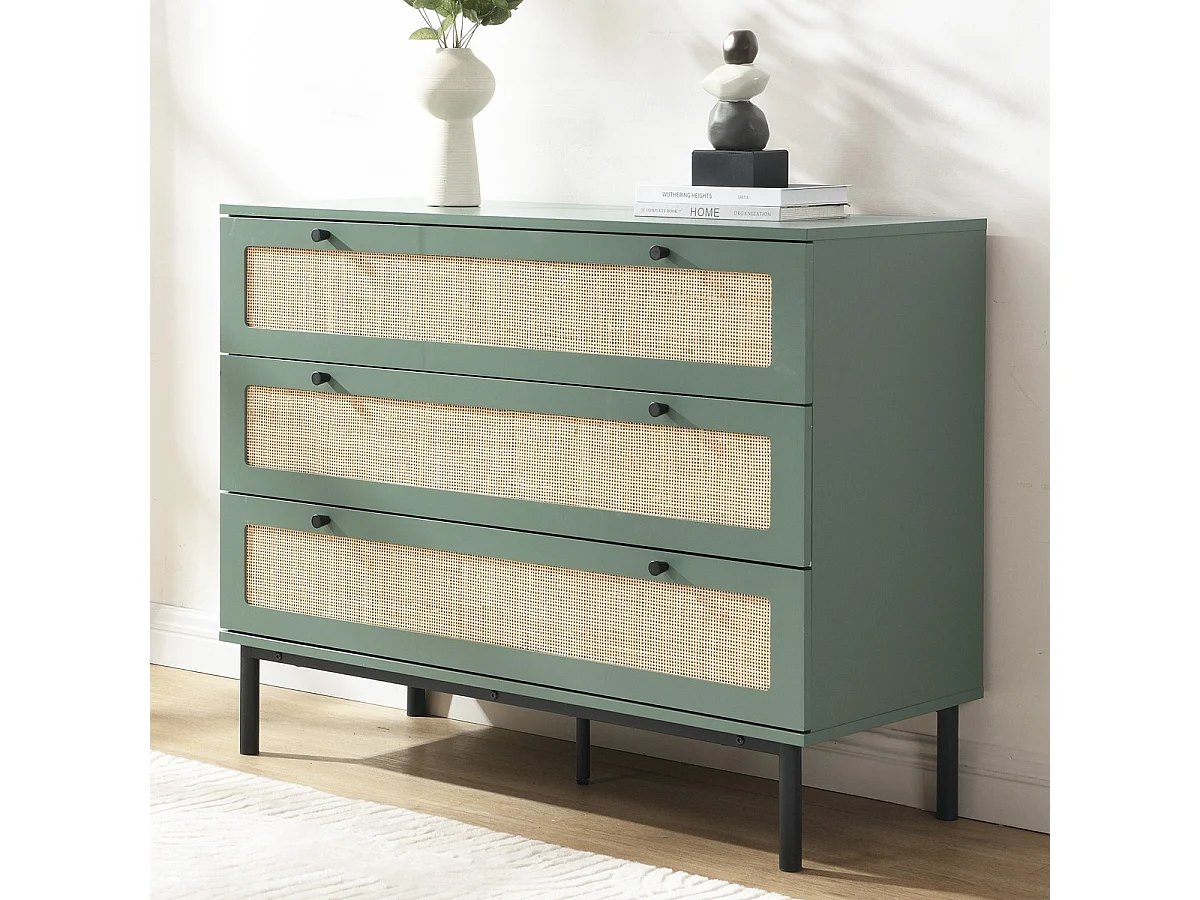 Commode 3 tiroirs vert et cannage 105 cm - Luma