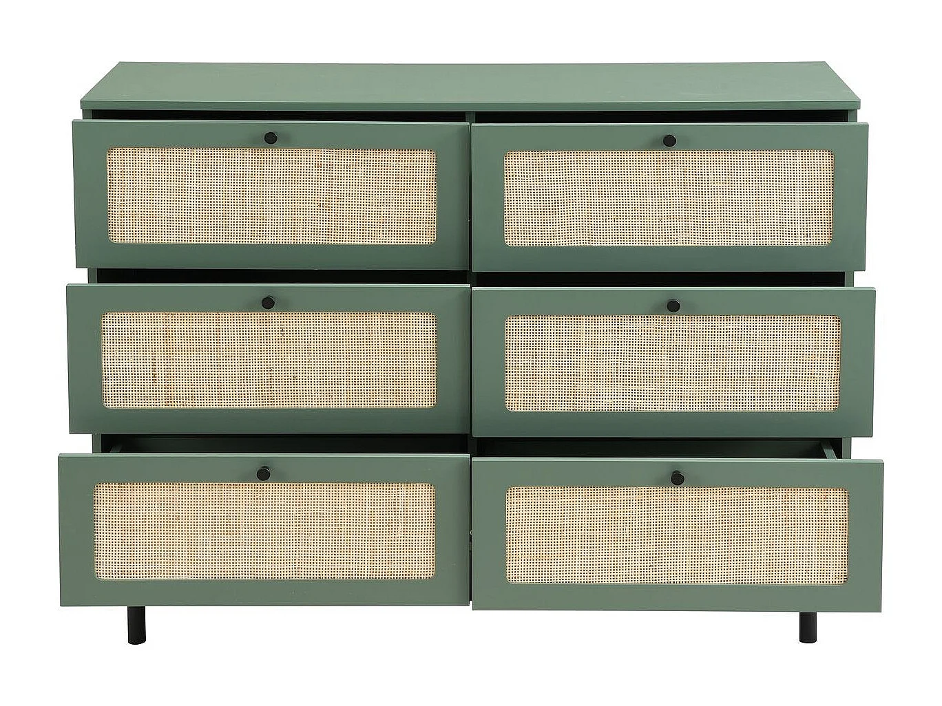 Commode 6 tiroirs vert et cannage 120 cm - Luma