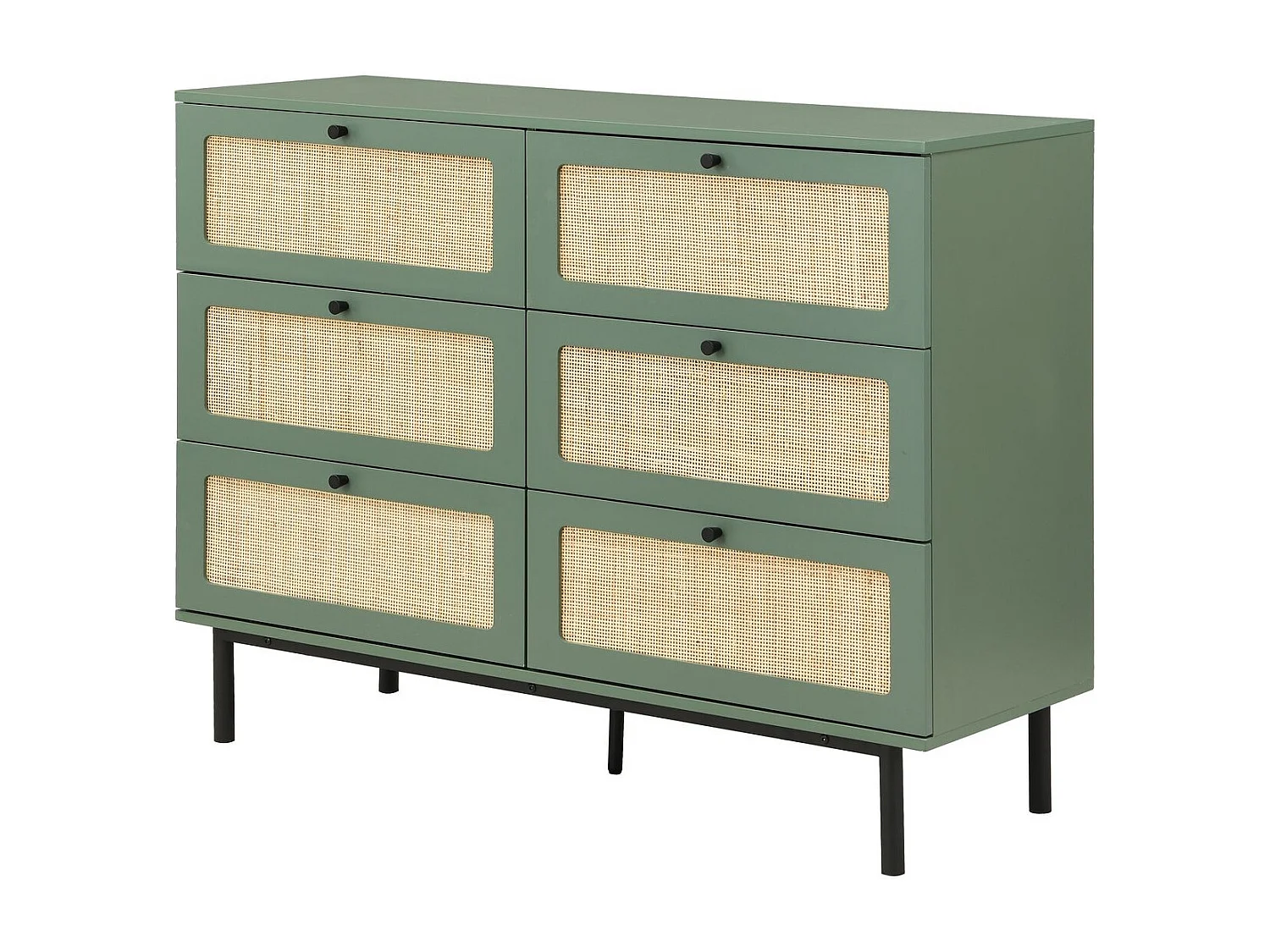Commode 6 tiroirs vert et cannage 120 cm - Luma