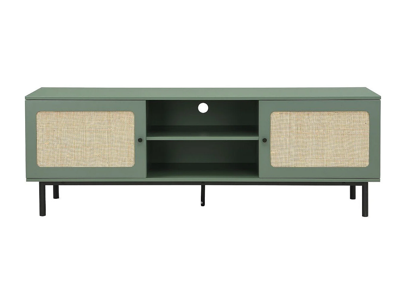 Meuble TV 2 portes vert et cannage 160 cm - Luma