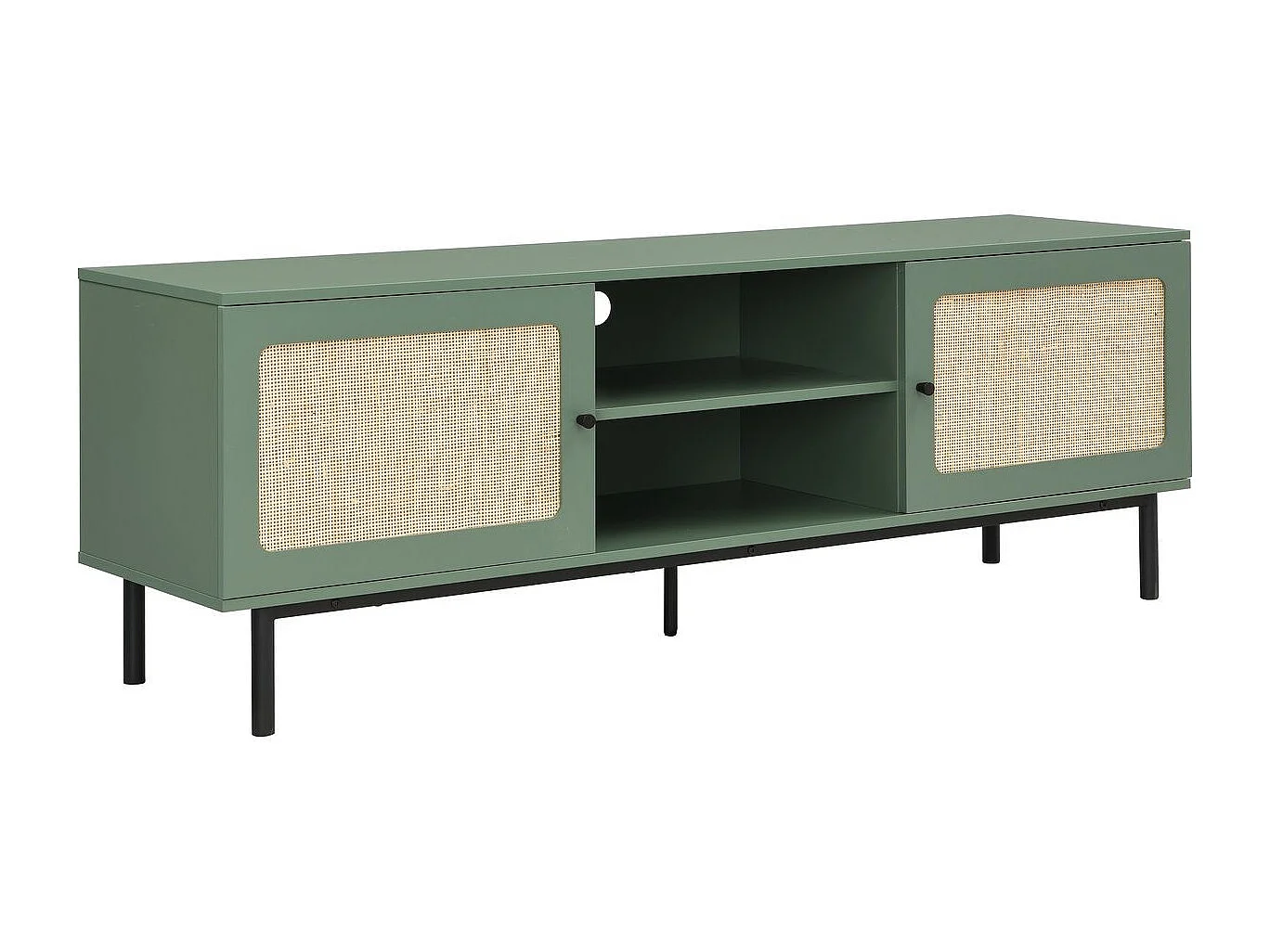 Meuble TV 2 portes vert et cannage 160 cm - Luma