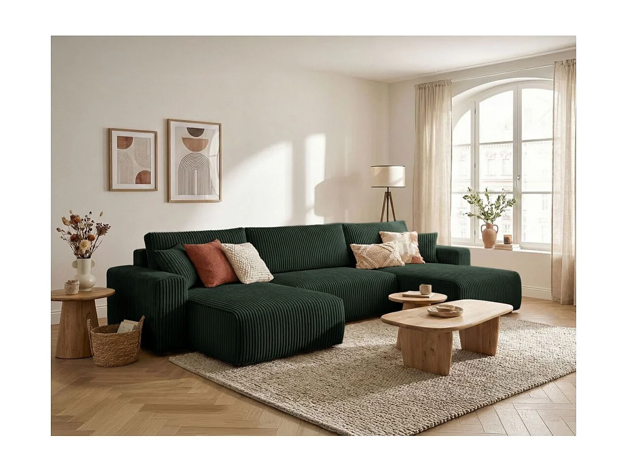 Canapé panoramique convertible 6p ALYA velours cotelé épais Vert foncé