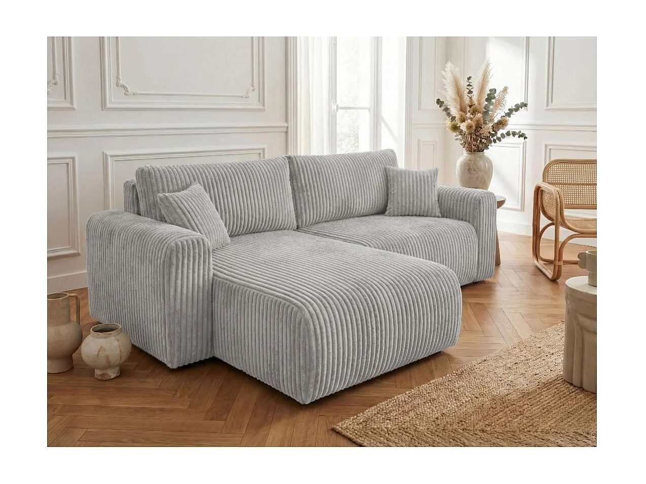 Canapé d'angle compact réversible et convertible ALYA 4 places en velours cotelé épais - Gris clair