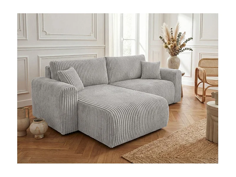 Canapé d'angle compact réversible et convertible ALYA 4 places en velours cotelé épais - Gris clair