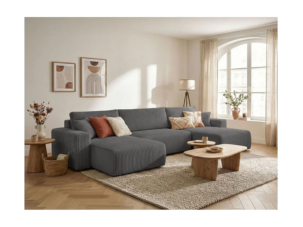 Canapé panoramique convertible 6p ALYA velours cotelé épais Gris anthracite