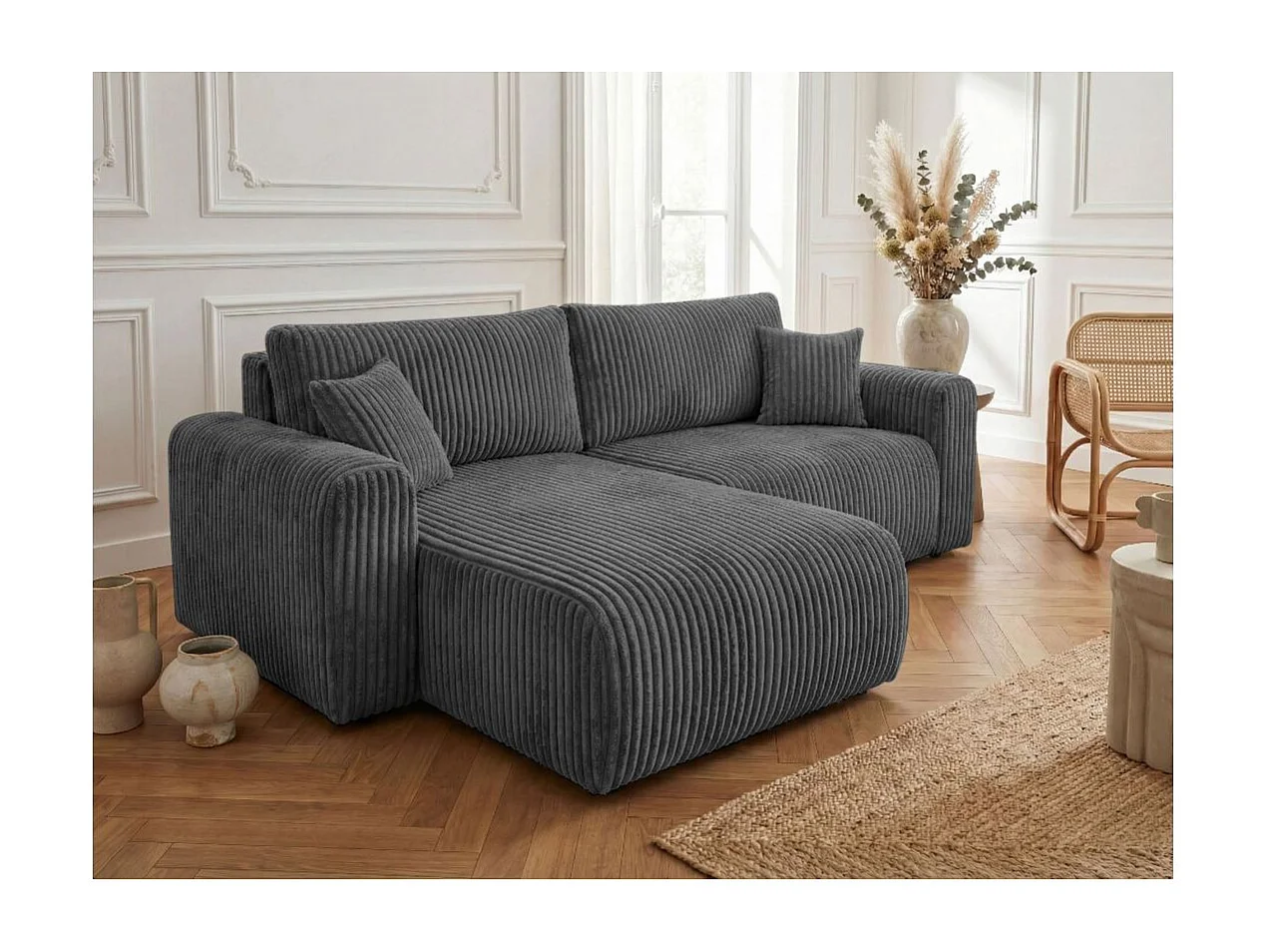 Canapé d'angle compact réversible et convertible ALYA 4 places en velours cotelé épais - Gris anthracite