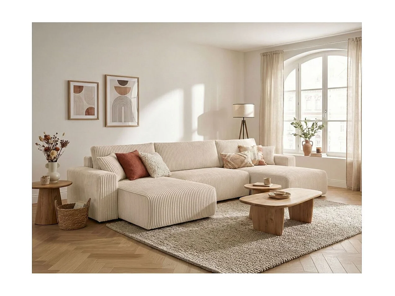 Canapé panoramique convertible 6p ALYA velours cotelé épais Beige