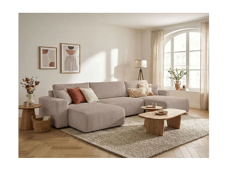 Canapé panoramique convertible 6p ALYA velours cotelé épais Taupe