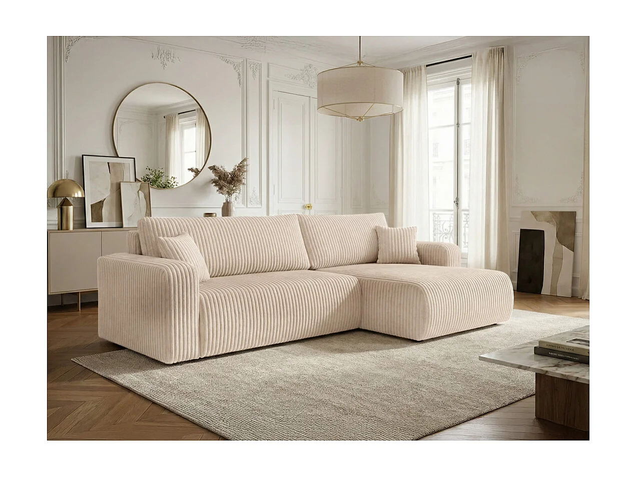 Canapé d'angle réversible conv 5p ALYA en velours cotelé épais Beige