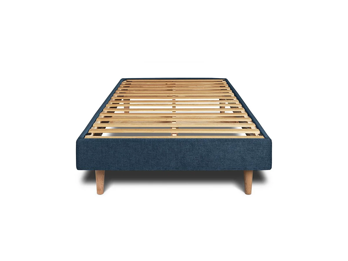 Lit 90x200cm avec tête de lit lignes tissu et sommier kit Bleu - Hauteur totale : 29cm