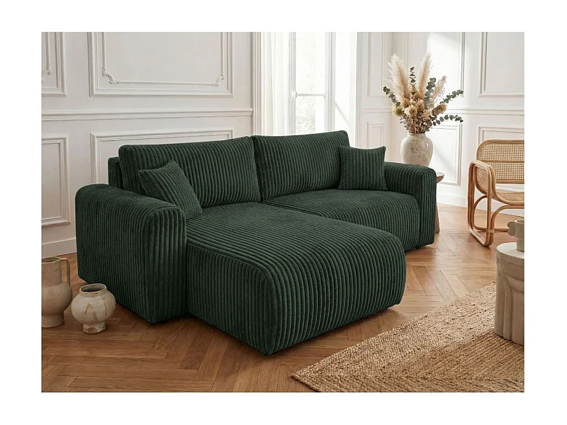 Canapé d'angle compact réversible et convertible ALYA 4 places en velours cotelé épais - Vert foncé