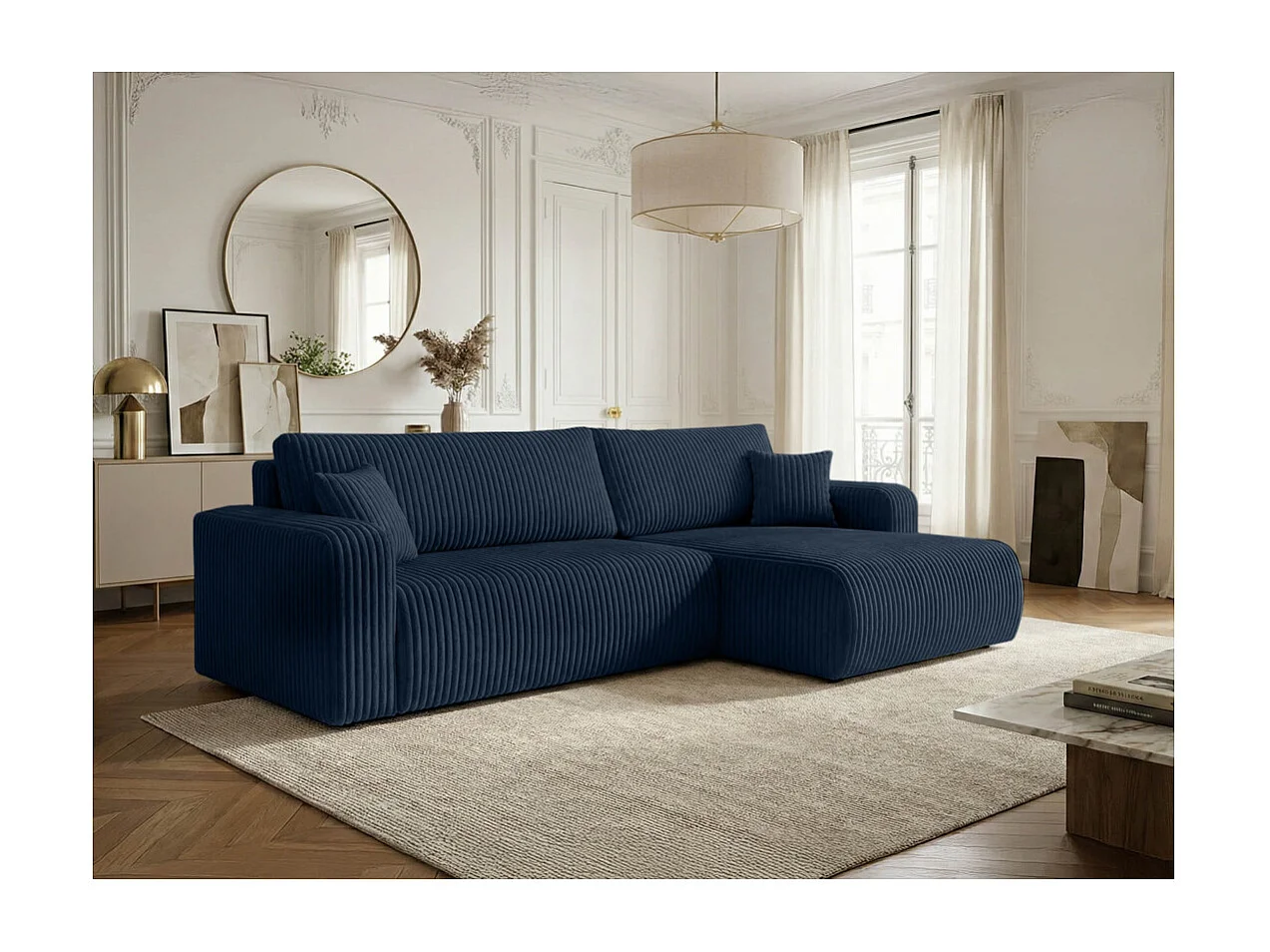 Canapé d'angle réversible conv 5p ALYA en velours cotelé épais Bleu foncé