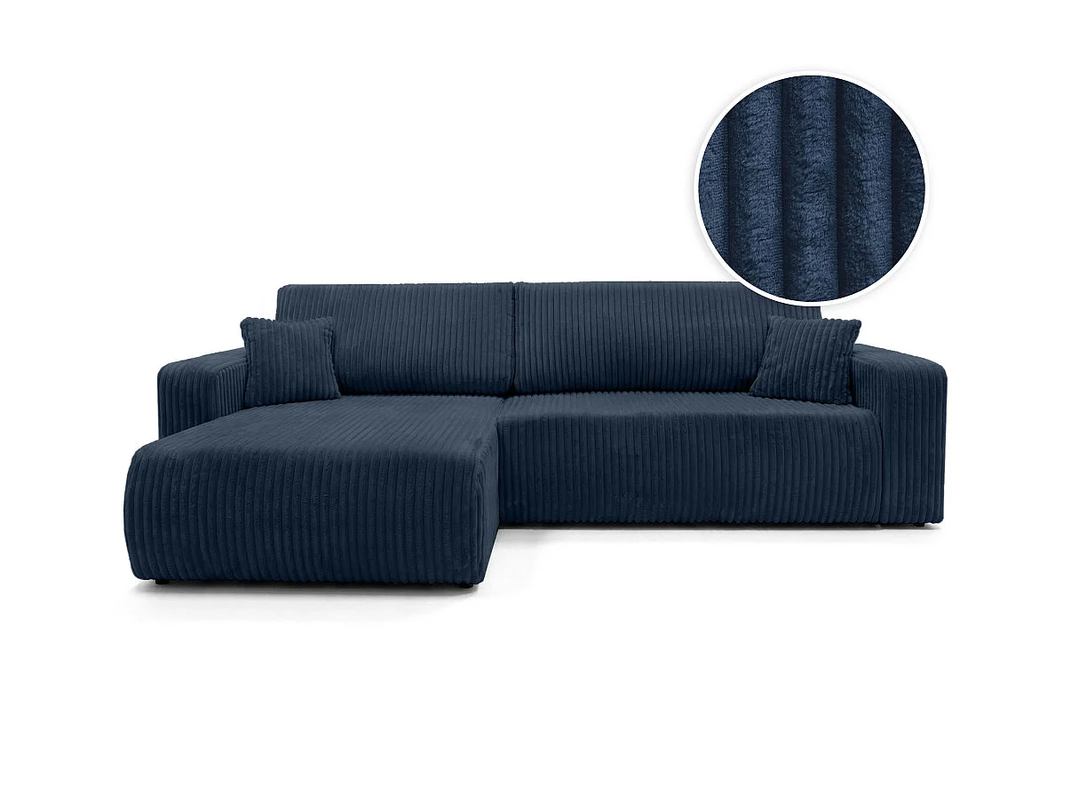 Canapé d'angle convertible 5 places en velours cotele bleu nuit