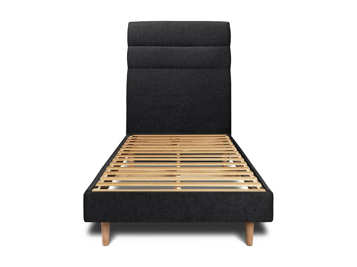 Lit 90x190cm avec tête de lit lignes tissu et sommier kit Noir - Hauteur totale : 29cm