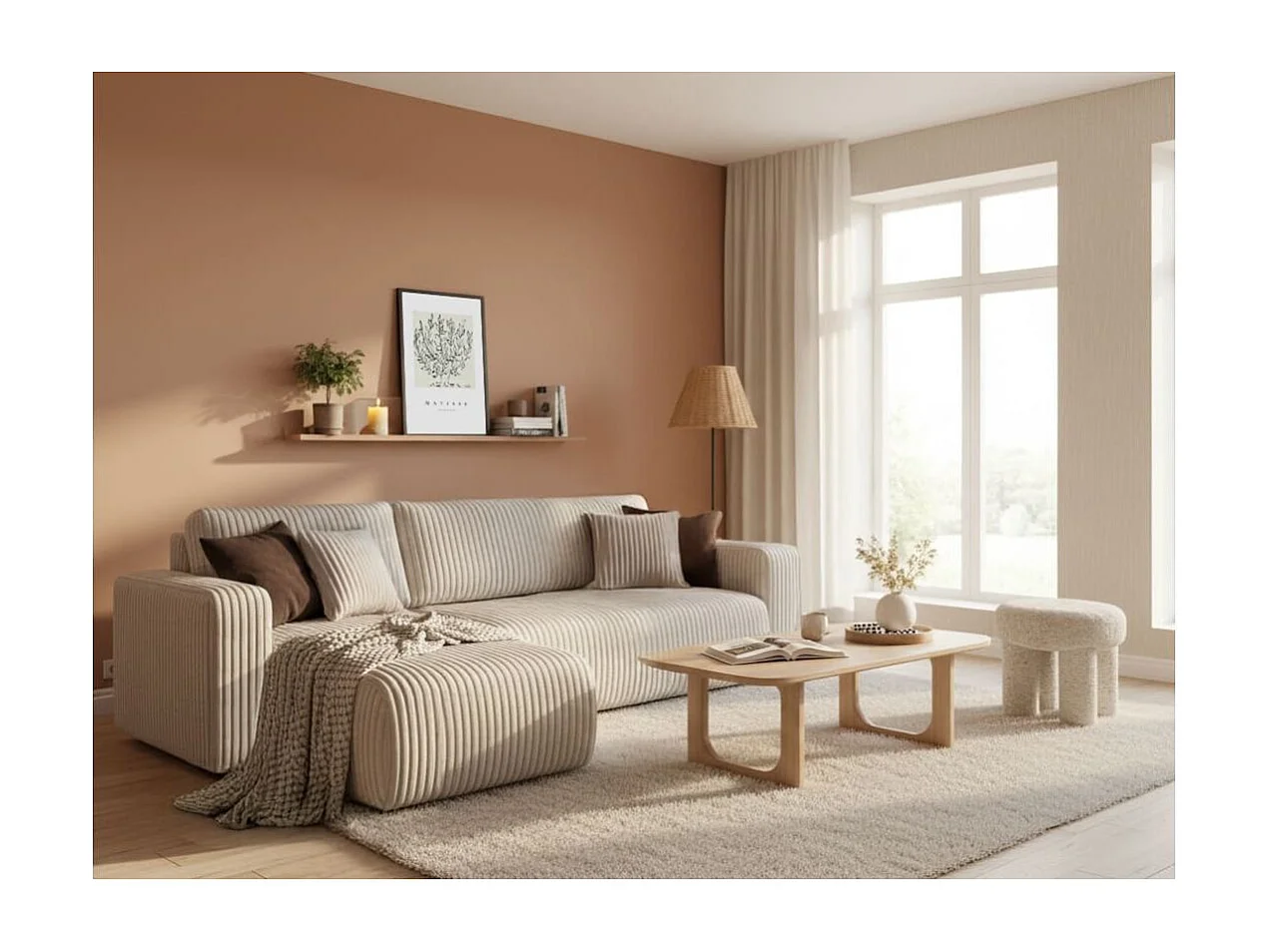 Canapé d'angle conv et réversible 4p ALYA velours cotelé épais Beige