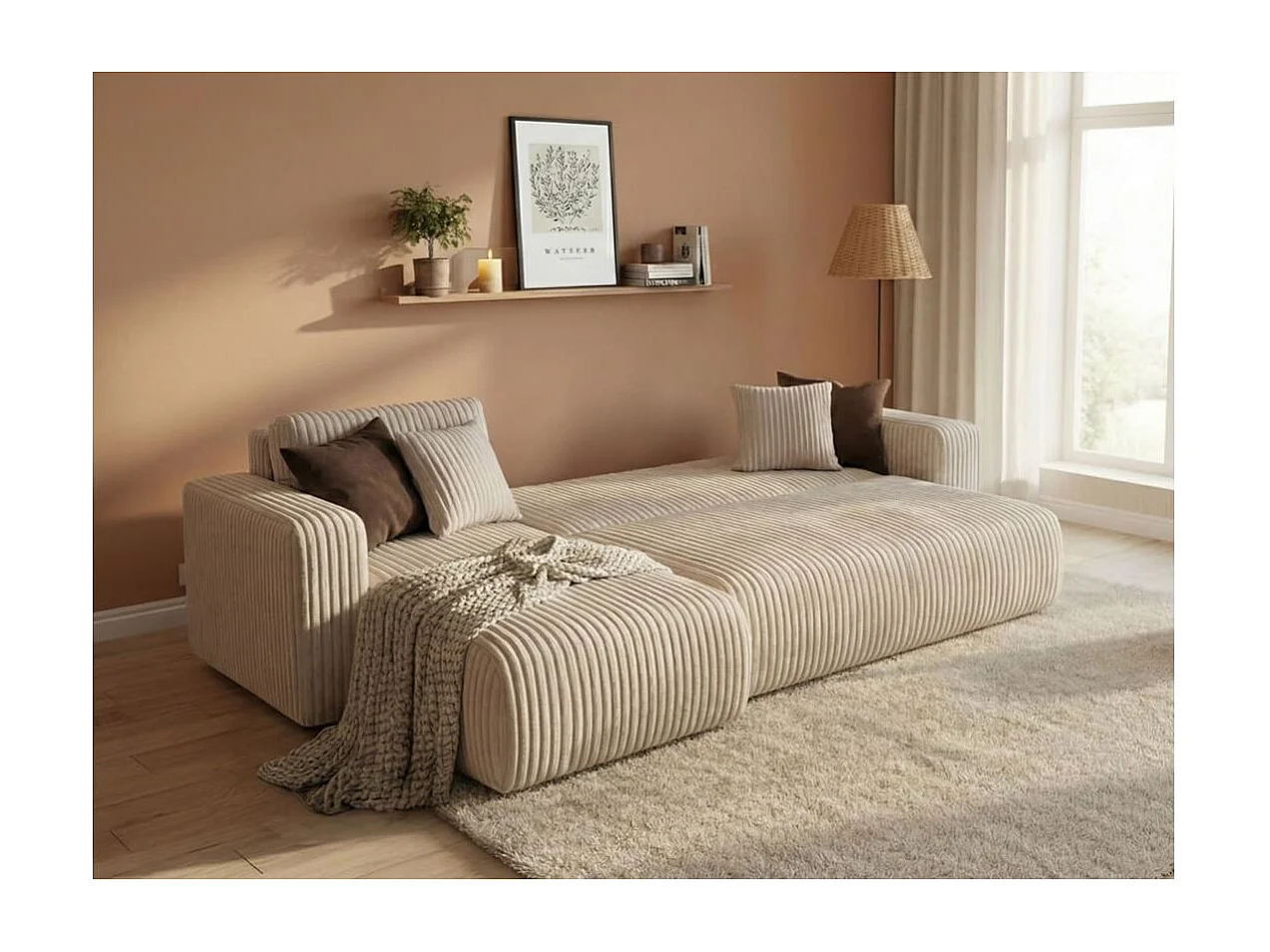 Canapé d'angle conv et réversible 4p ALYA velours cotelé épais Beige