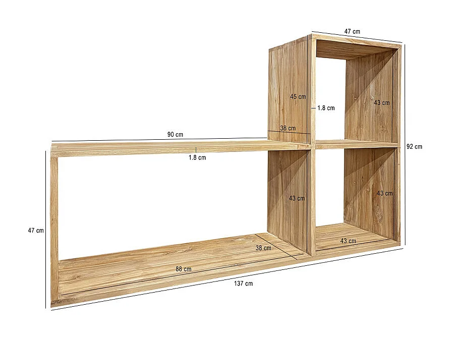 Etagère en "L" 3 cases 92 x 137 cm en bois de teck massif - TETRA
