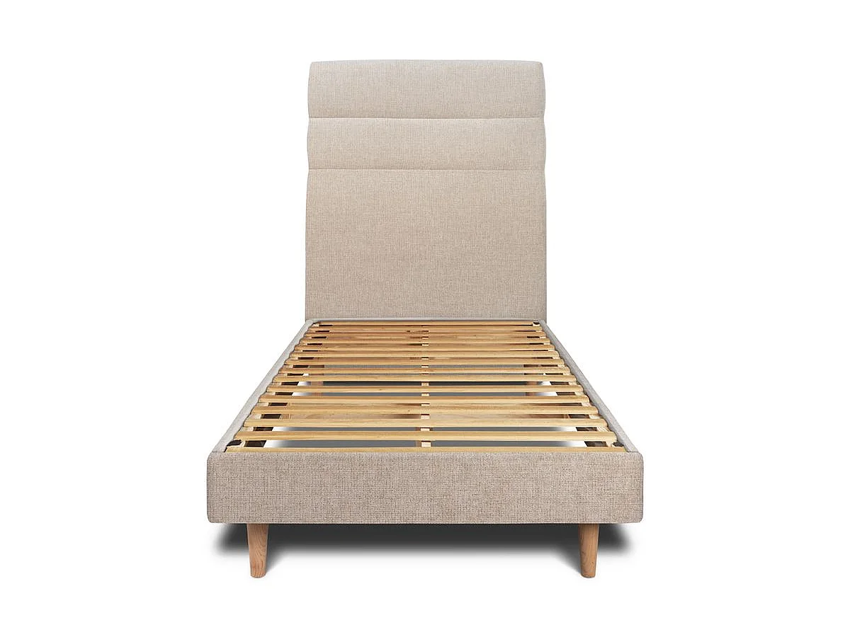 Lit 90x190cm avec tête de lit lignes tissu et sommier kit beige brun - Hauteur totale : 29cm