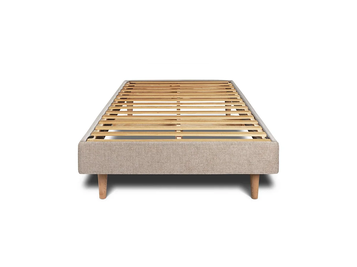 Lit 90x190cm avec tête de lit lignes tissu et sommier kit beige brun - Hauteur totale : 29cm