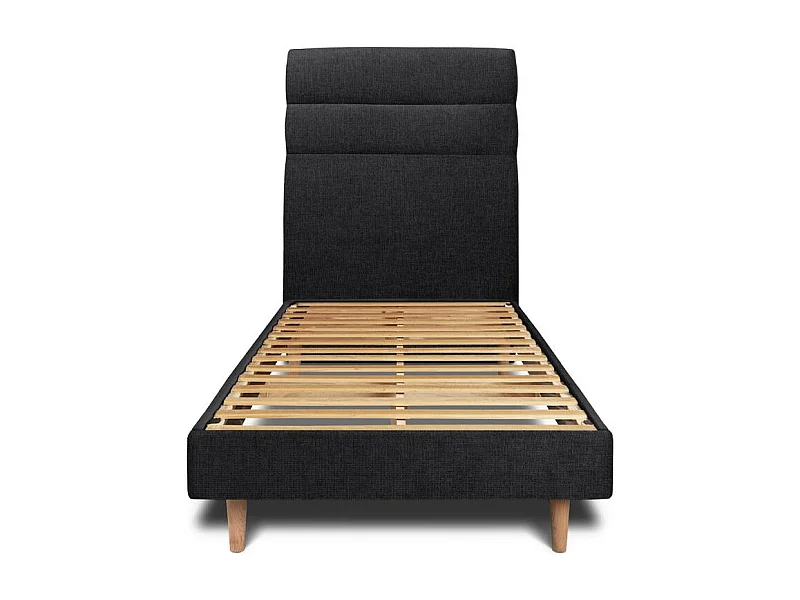 Lit 90x200cm avec tête de lit lignes tissu et sommier kit Noir - Hauteur totale : 29cm