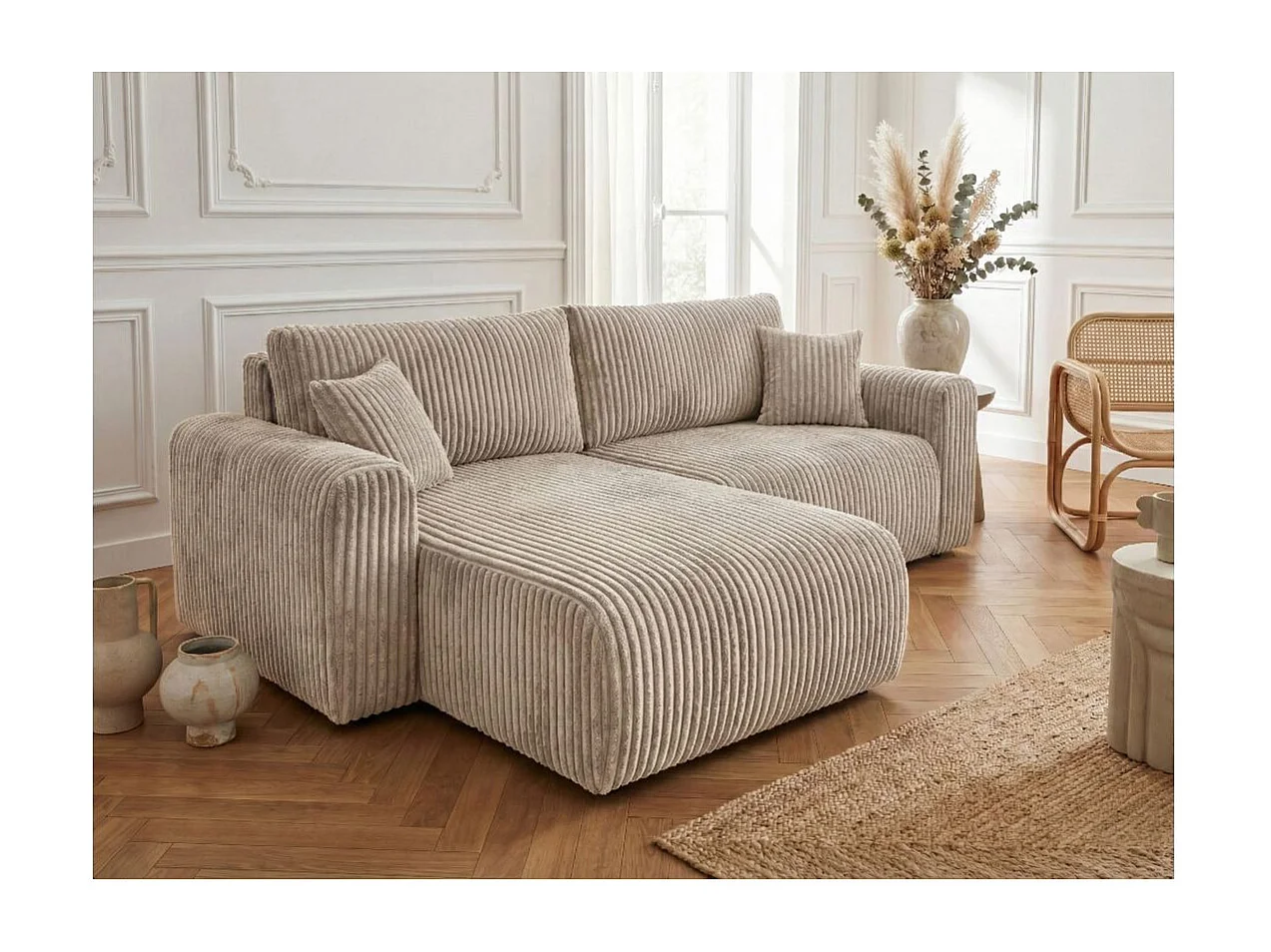 Canapé d'angle compact réversible et convertible ALYA 4 places en velours cotelé épais - Taupe