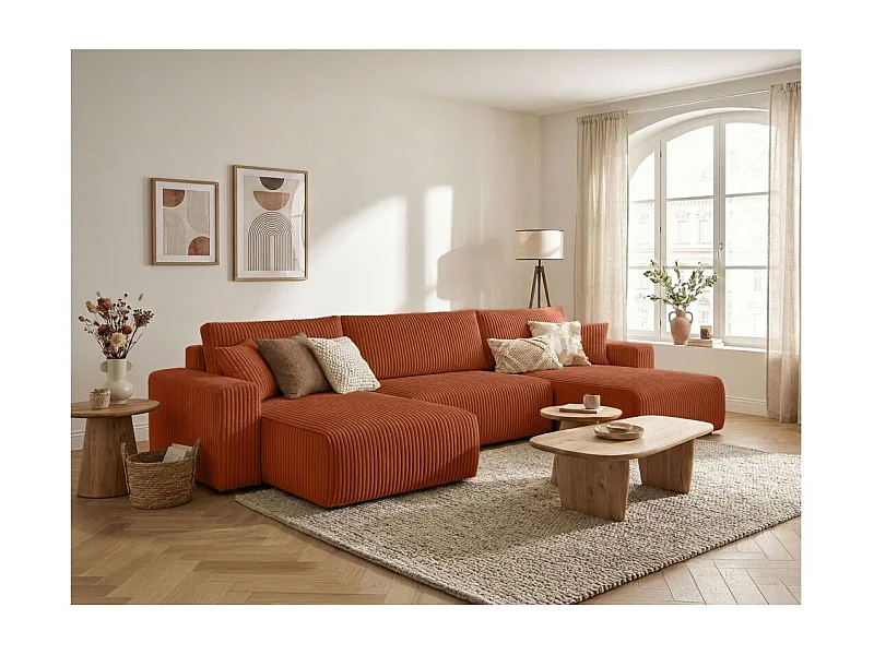 Canapé panoramique convertible 6p ALYA velours cotelé épais Terracotta