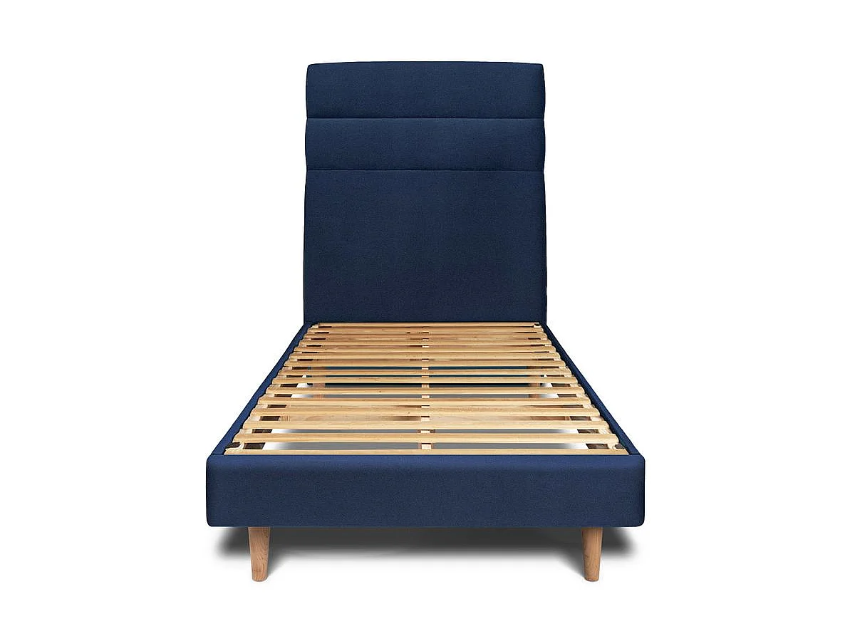 Lit 90x200cm avec tête de lit lignes velours et sommier kit Bleu - Hauteur totale : 29cm