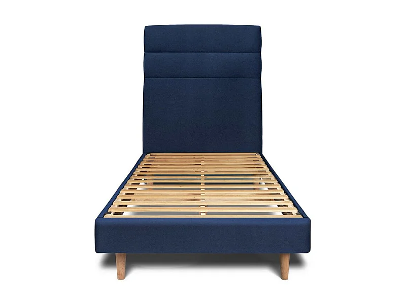 Lit 90x200cm avec tête de lit lignes velours et sommier kit Bleu - Hauteur totale : 29cm