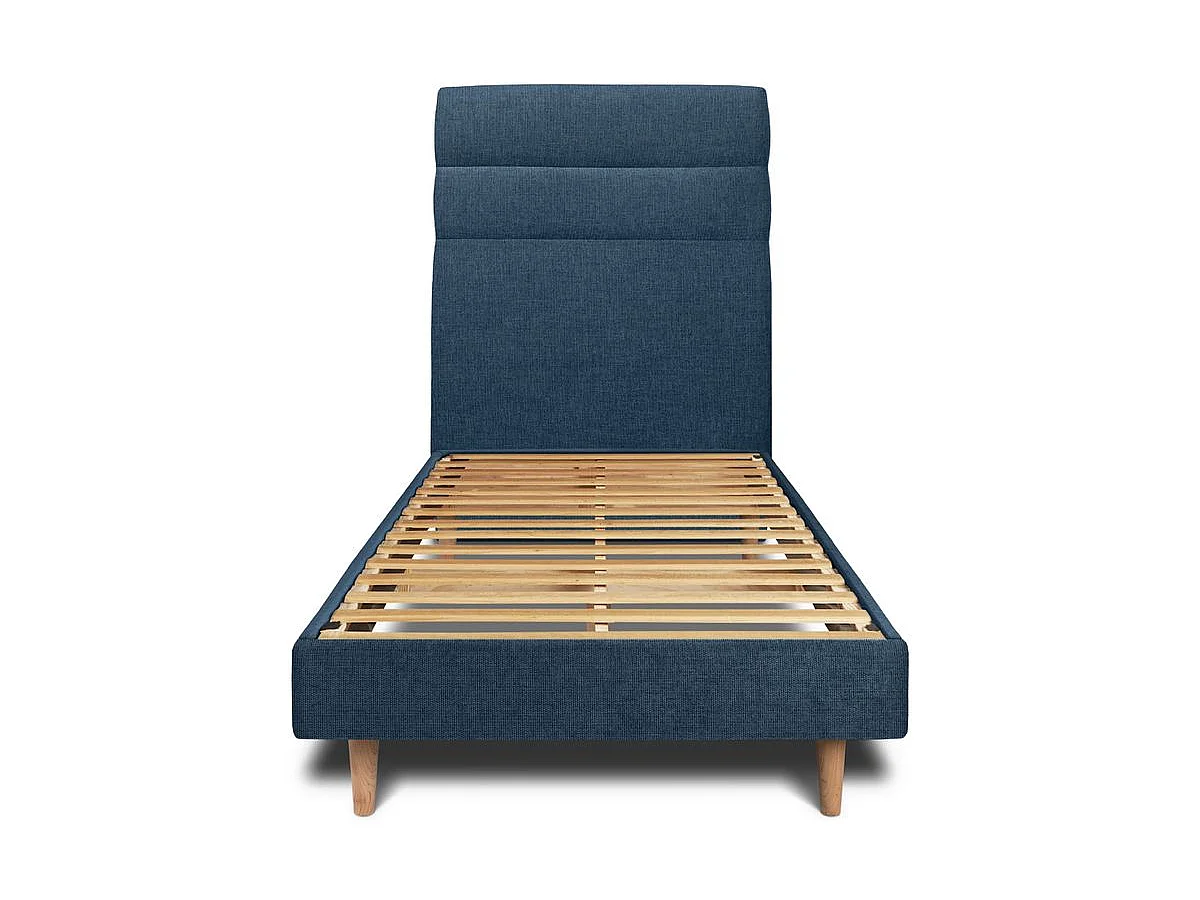Lit 90x190cm avec tête de lit lignes tissu et sommier kit Bleu - Hauteur totale : 29cm