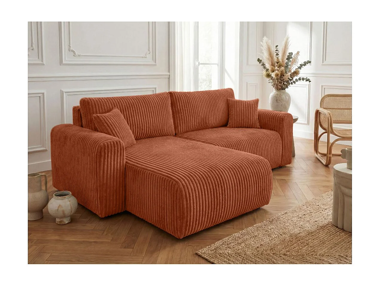 Canapé d'angle compact réversible et convertible ALYA 4 places en velours cotelé épais - Terracotta