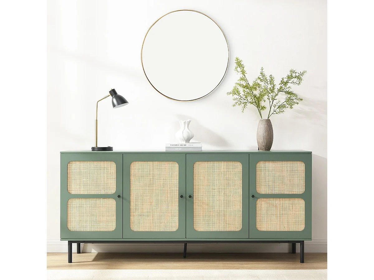 Buffet 4 portes vert et cannage 180 cm - Luma